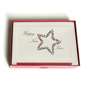 Holiday Greeting Cards - Engraved Green/Red Star - Gold Happy New Year 